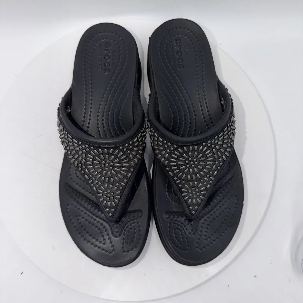Crocs Monterey Diamante Wedge Flip Flops Black Women's Size 8 Boho Comfort